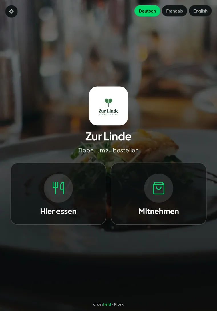 Kiosk-Startbildschirm: Hier essen oder Mitnehmen